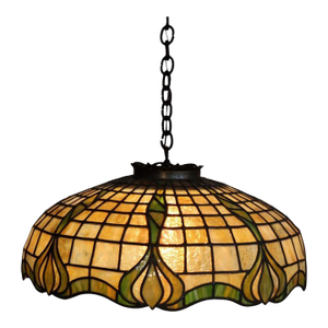 1910s Duffner & Kimberly Attr Arts & Crafts Leaded Stained Glass Hanging Light