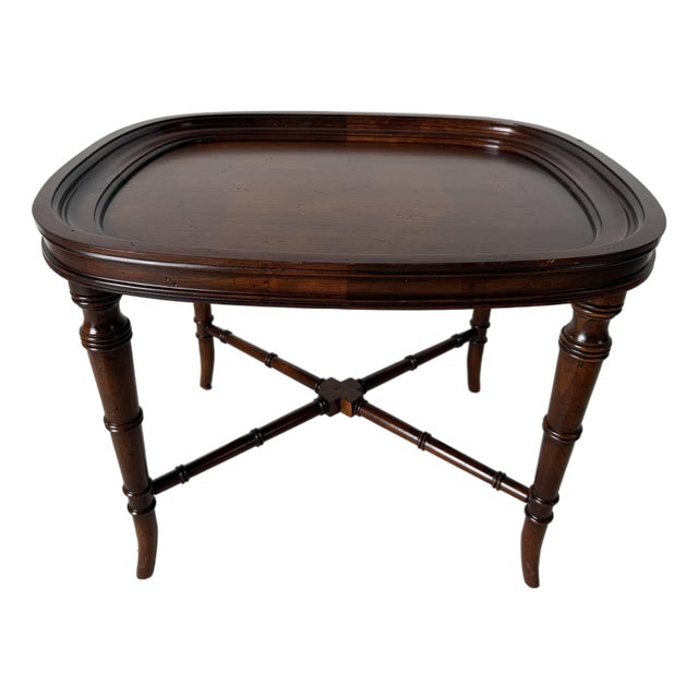 Vintage Henredon / Hekman - Style Faux Bamboo Carved Wood Oval Tray-Top Side Table For Sale