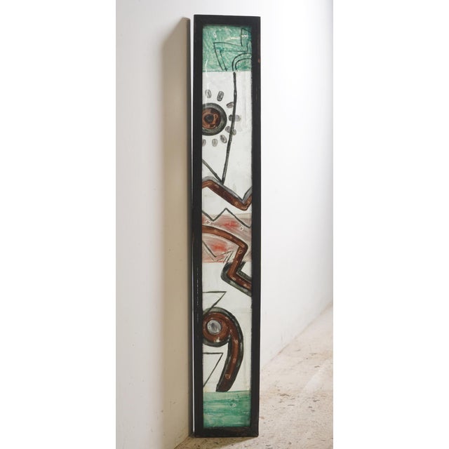 Hand painted abstract windows with a contemporary folk art aesthetic. Symbolic elements like a sun with rays, spirals, and...