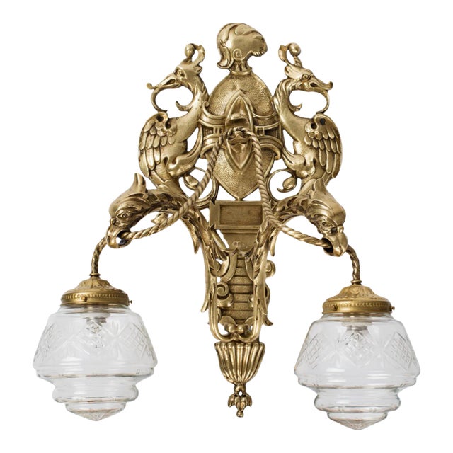 1950s Brass Dragon 2-Light Wall Sconce For Sale
