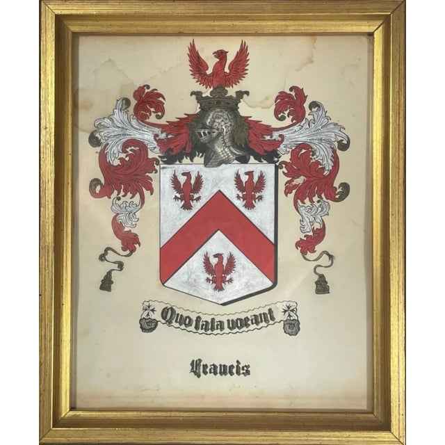 Antique Crest Painting, Coat of Arms FRANCIS, Hand Painted Family Crest Watercolor Gouache on Paper, 19th Century Giltwood...