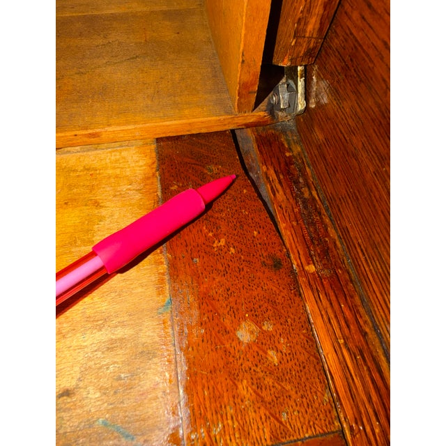 Antique Quarter Sawn Solid Oak Child's Roll Top Trestle Desk - Original Brass For Sale - Image 10 of 13