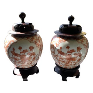 Vintage Orange Chinoiserie Temple Jars a Pair For Sale