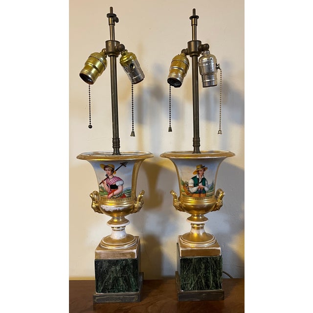 Ceramic Antique Early 19th Century Old Paris Porcelain Urn Vases Decorated With Gardeners Now Mounted as Table Lamps - A Pair For Sale - Image 7 of 16