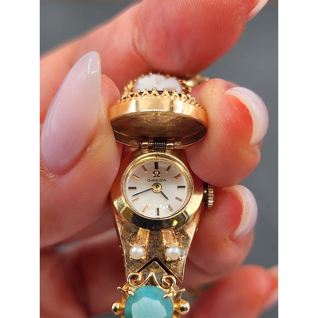 Gold 1950s 14k Yellow Gold Slide Charm Omega Gemstone Bracelet Watch For Sale - Image 8 of 16