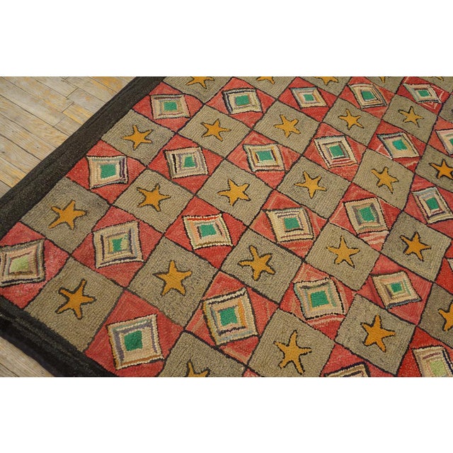 Gray 1920s Gray Red Geometric Folk Art Antique American Hooked Rug 6'8" X 7'5" Hand Knotted Wool Carpet For Sale - Image 8 of 15