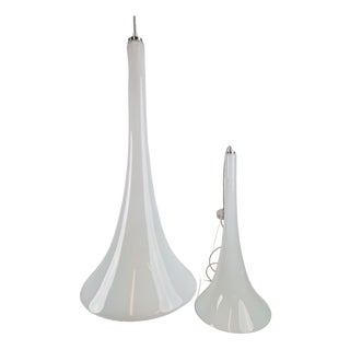 Large Handmade Trumpet Glass Pendant Lamps by Jaslo Glass, 1980, Set of 2 For Sale