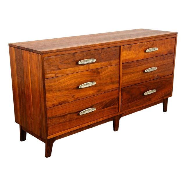1960s Credenza Dresser 6 Drawer Ace Hi Solid Walnut Brass Handles, Attributed For Sale