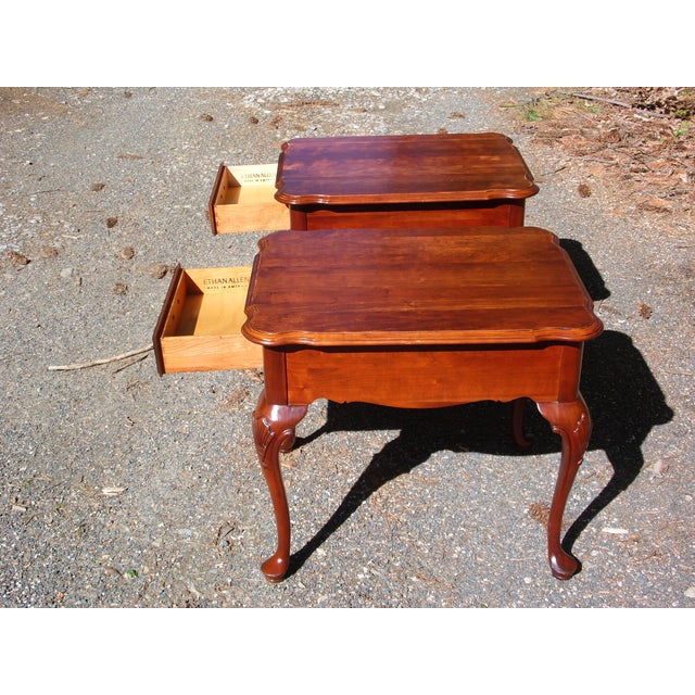 Pair Ethan Allen Georgian Court Queen Anne Style Solid Cherry End Tables Nightstands For Sale In Boston - Image 6 of 12