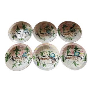 Set of 6 Vintage Hand Painted Ceramic Duck Soup Bowls, Signed For Sale