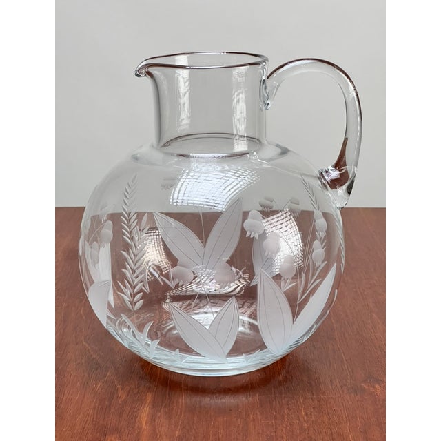 Vintage Tiffany & Co. Etched Crystal Pitcher Featuring a Lily of the Valley Floral Motif For Sale - Image 4 of 9