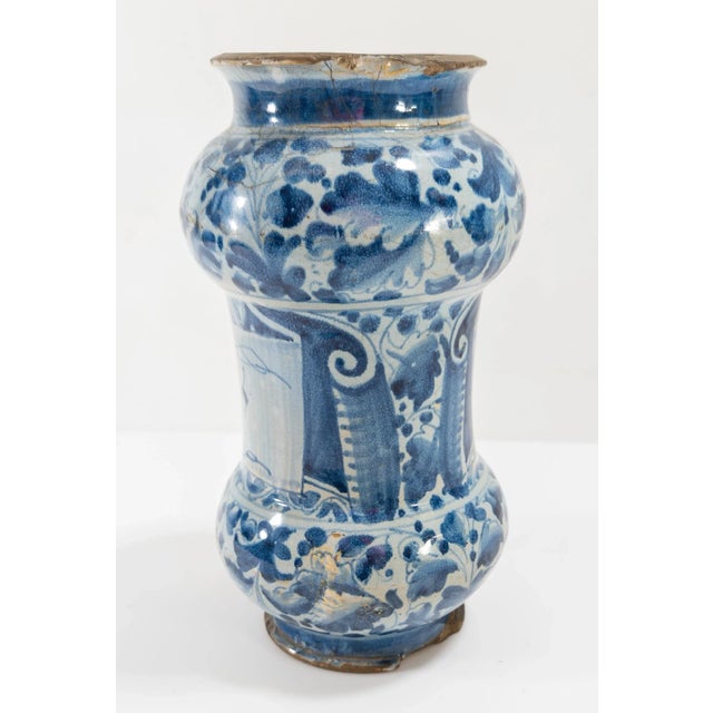 17th Century Italian Blue and White Majolica Maiolica Faience Albarello Drug Jar For Sale - Image 4 of 12