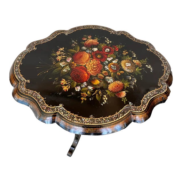 19th Century Victorian Hand Painted & Ebonized Tilt-Top Side Table With Inlays For Sale