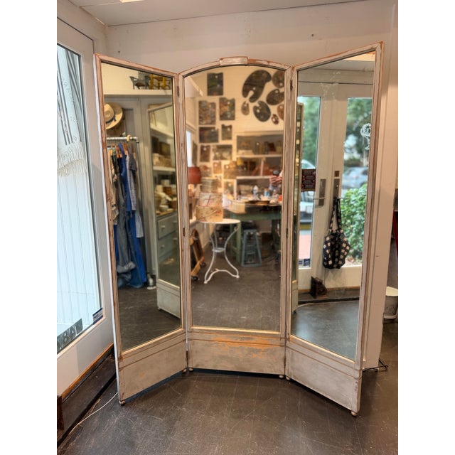 Tri Fold Floor Standing Dressing Mirror, wooden frame, original vintage mirror. Old grey paint, with natural wood coming...