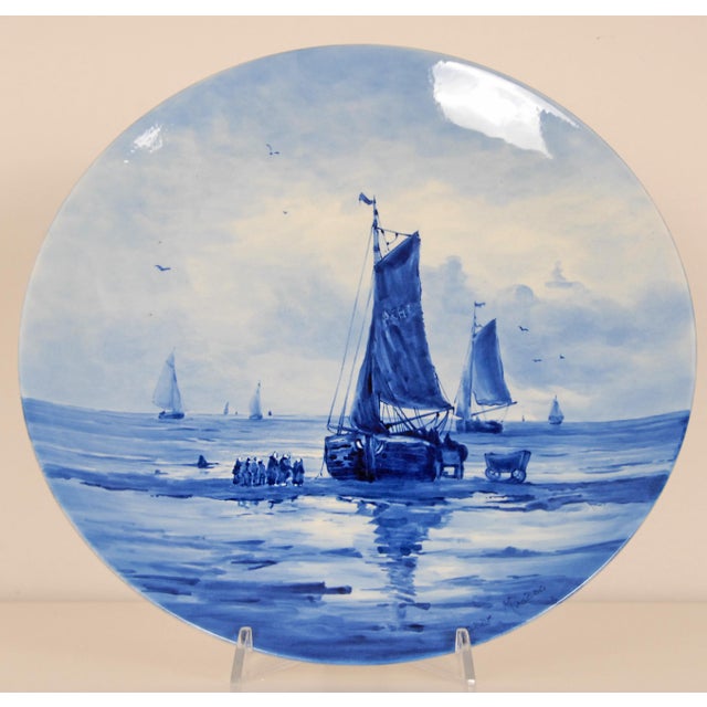 Large Blue and White Wall Plate with Handpainted Seascape after Mesdag from Royal Delft, 1960s For Sale - Image 11 of 12