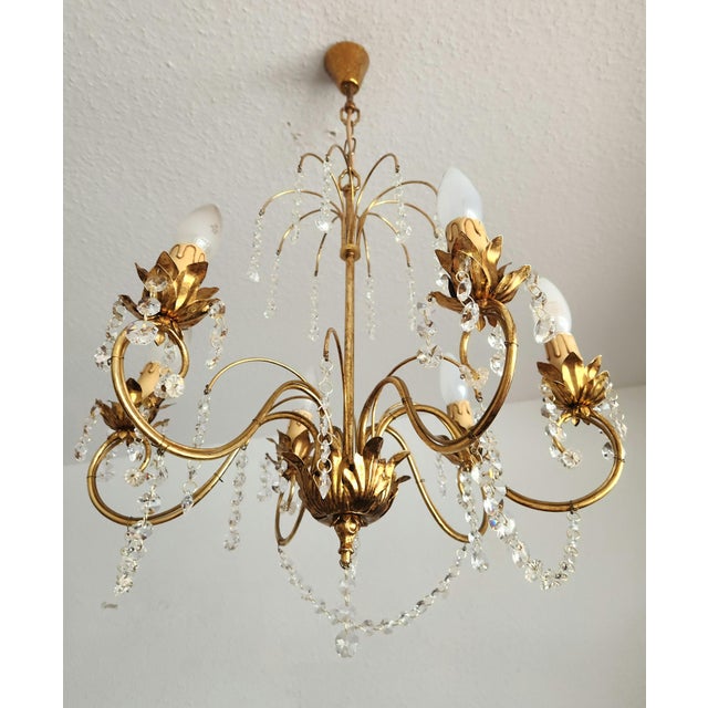 Vintage Hollywood-Regency Gold-Plated Cascade 6-Light Waterfall Chandelier with Crystal Pendants, 1960s For Sale - Image 6 of 18