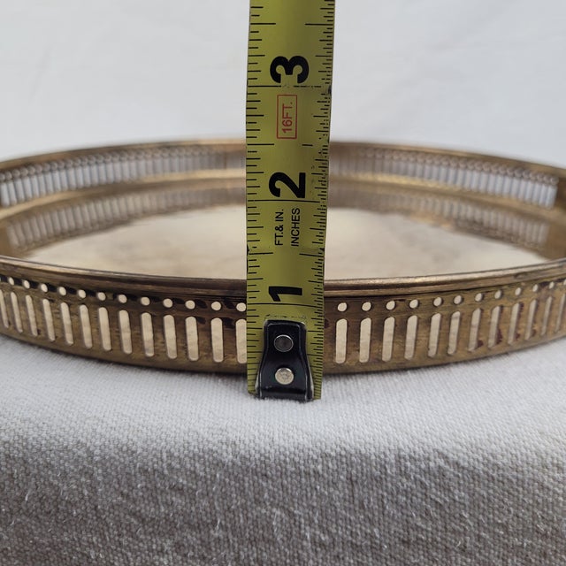Vintage Round Brass Gallery Serving Tray Pierced Sides and Floral Handles For Sale - Image 6 of 6