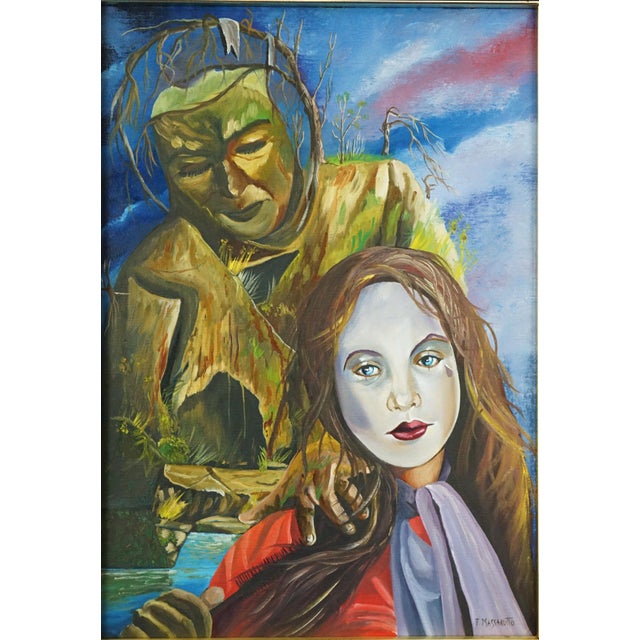 Beautiful oil painting on canvas depicting a little girl dressed as Pierrot and, on the back, a fantastical figure...