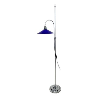 Vintage Adjustable Chrome Floor Lamp with Cobalt Blue Glass Shade, 1950s For Sale