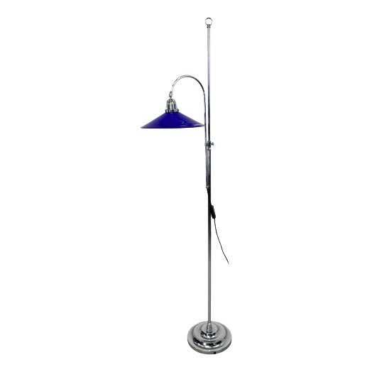 Vintage Adjustable Chrome Floor Lamp with Cobalt Blue Glass Shade, 1950s For Sale