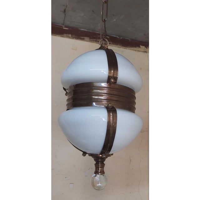 1940s Vintage 1940s Art Deco Brass Hanging Light with Milk Glass Shade For Sale - Image 5 of 5