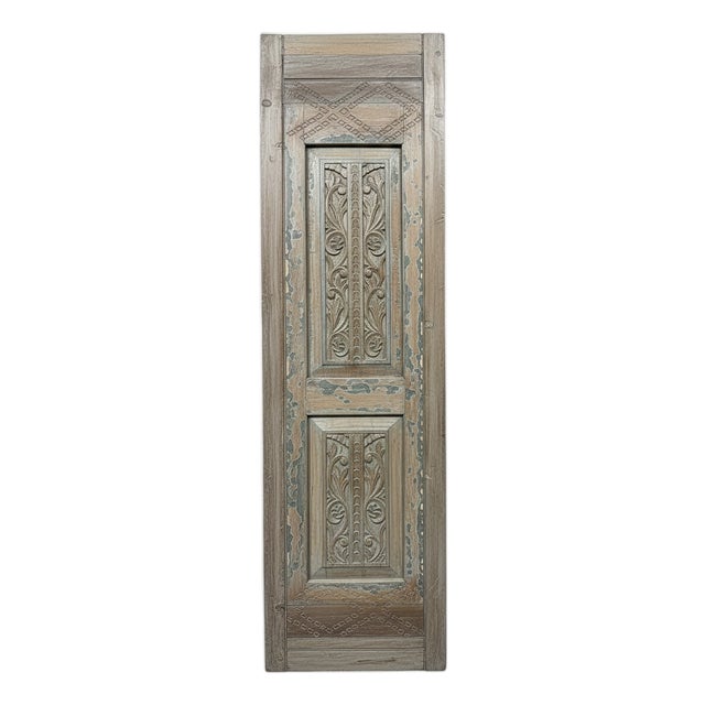 Antique Hand-Carved Wood Sliding Barn Doors – Distressed Gray Floral Panels 96x27 For Sale