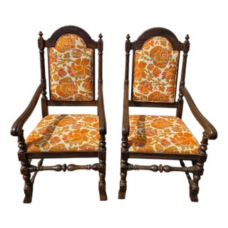 1970s Ethan Allen Jacobean Royal Charter Oak Dining Room Armchairs Gothic Pair For Sale