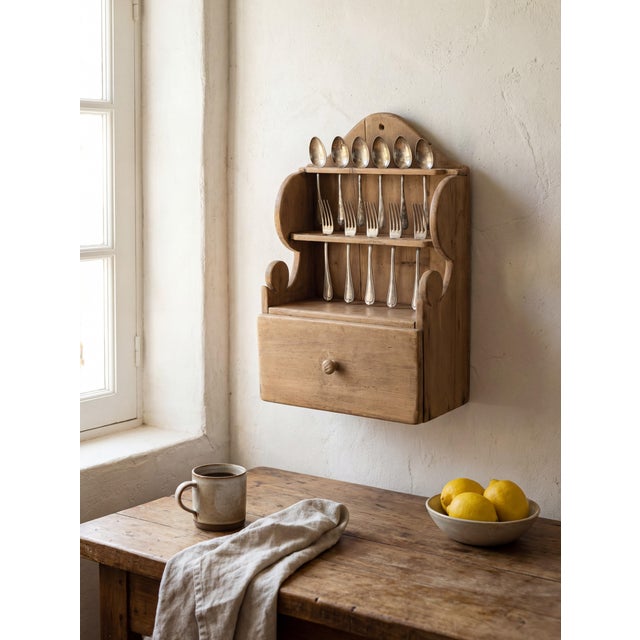 Hand-carved from solid pine with a naturally aged patina, this charming wall-mounted cutlery rack showcases the enduring...