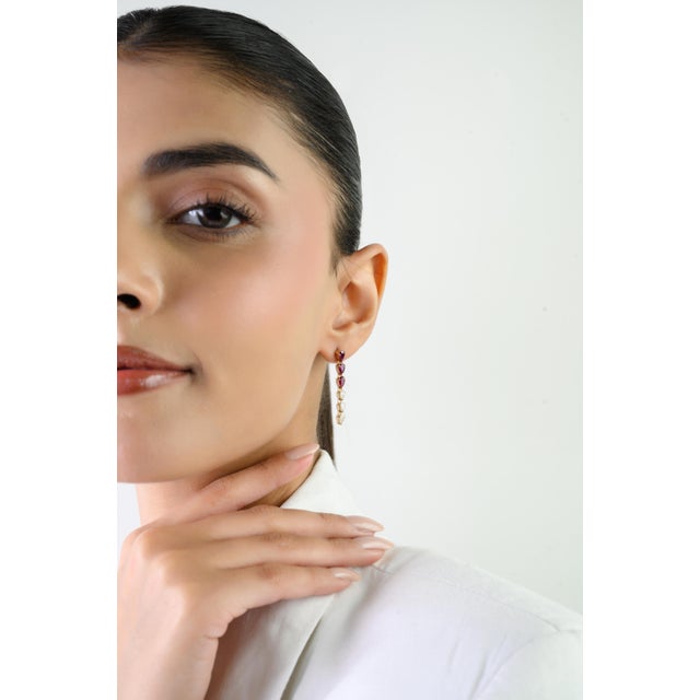 Art Deco Late 20th Century 1.32 Ct Pear Shape Red Ruby & Diamond Drop Earrings in 14k Gold- A Pair For Sale - Image 3 of 14