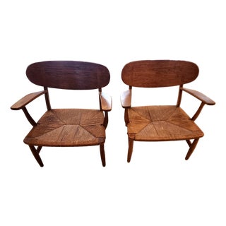 Vintage Hans Wegner Ch22 Carl Hansen & Son Oak Lounge Easy Chairs MCM - A Pair For Sale