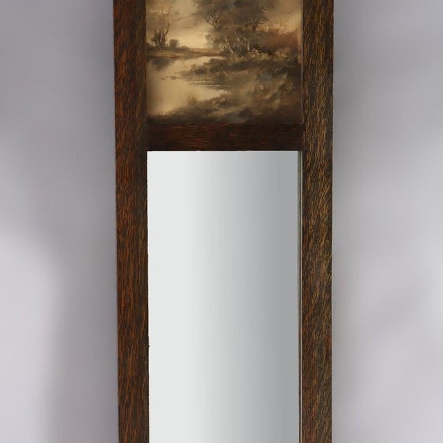 43" Stickley Style Arts & Crafts Oak Trumeau Printed Landscape Wall Mirror C1920 For Sale - Image 6 of 8