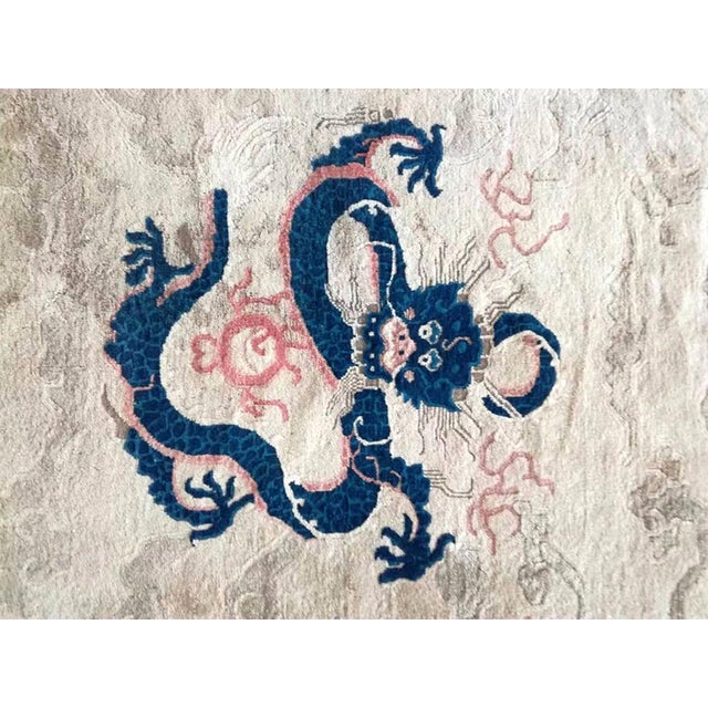 1880s Ivory Blue Coral Antique Traditional Chinese Peking Dragon Rug Wool Carpet For Sale - Image 4 of 8