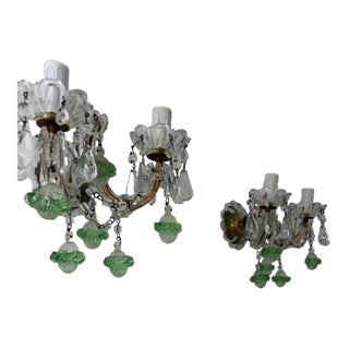 C 1920 Rare Set Green Murano Flowers Ribbon Crystal Sconces One of Kind For Sale