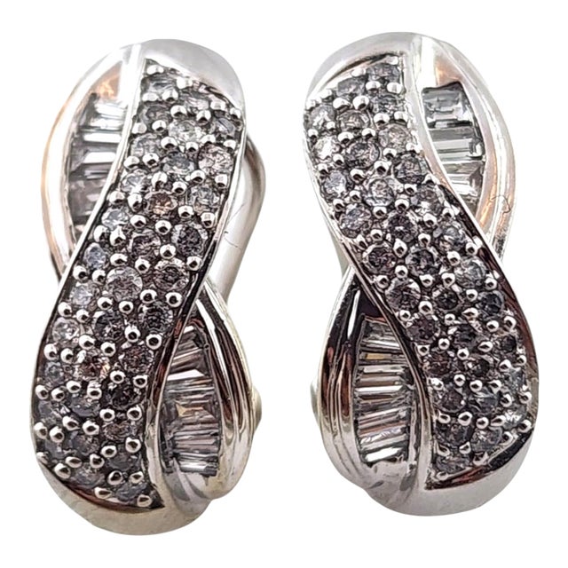 Mid 20th Century 10k White Gold Diamond Crossover Hoop Earrings - 2 Pieces For Sale