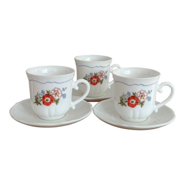 Mid 20th Century French Arcopal Cups and Saucers, Set of Three For Sale