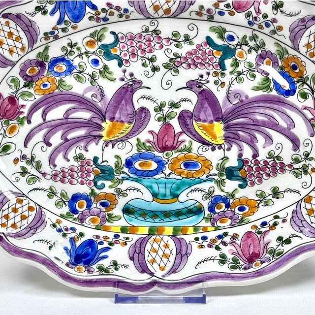 Early 20th Century Antique Hand-Painted Polychrome Faience Wall Plate With Birds and Floral Motifs For Sale - Image 5 of 11