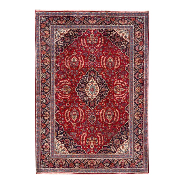 1960s Vintage Persian Tabriz Handmade Ruby-Red Medallion Wool Rug For Sale