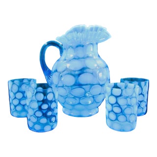 Vintage Fenton Blue Opalescent Coin Spot Glass Pitcher and 4 Tumblers Set For Sale