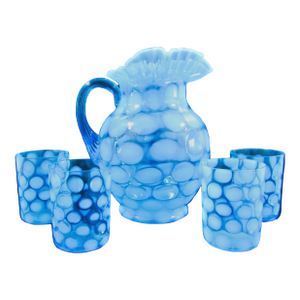 Vintage Fenton Blue Opalescent Coin Spot Glass Pitcher and 4 Tumblers Set
