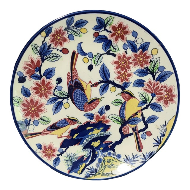 Vintage Hand Painted Colorful Floral Birds Asian Platter, Japan For Sale