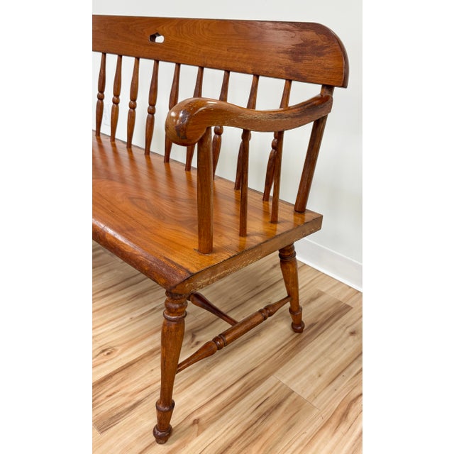 Wood Vintage Amana Made Windsor Style Wood Spindle Back Bench For Sale - Image 7 of 12