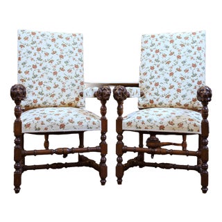 Oak Armchairs with Lion Carvings, 1880, Set of 2 For Sale