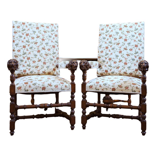 Oak Armchairs with Lion Carvings, 1880, Set of 2 For Sale