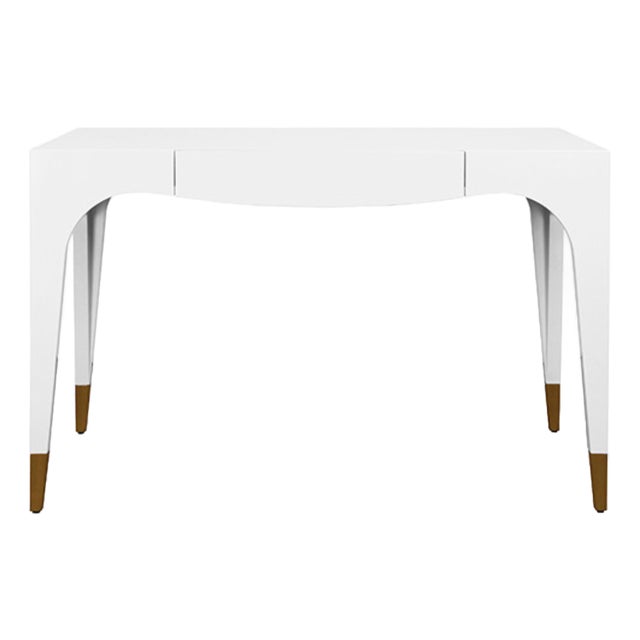 Matthew Izzo Home Mandi Glossy White Lacquer One Drawer Desk With Antique Brass Foot Caps For Sale