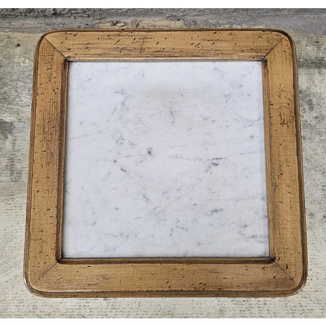 French Provincial Pair Mid Century French Style Fruitwood & Marble Top Candle Stands Side Tables For Sale - Image 3 of 9