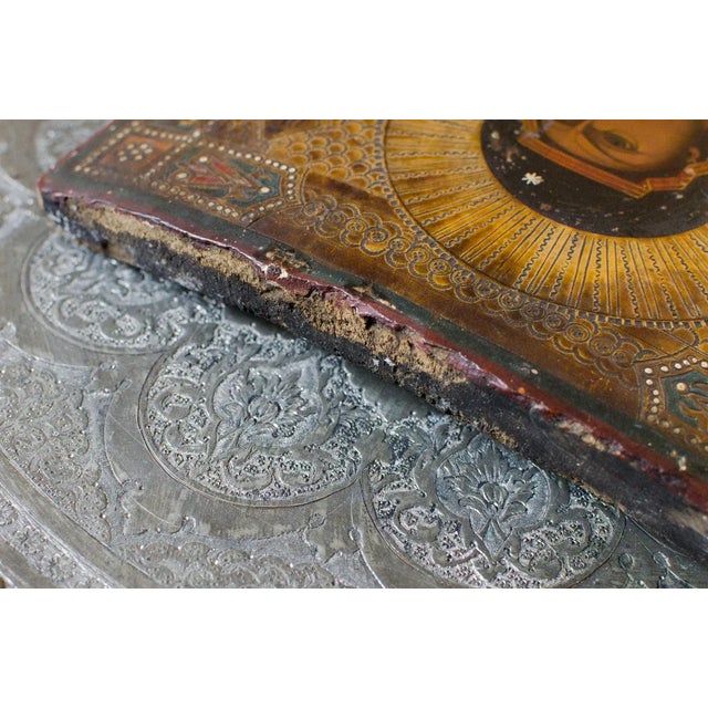 Antique Early 1800s Original Russian Icon Hand Painted Annunciation Our Lady of Kazan Madonna and Jesus For Sale - Image 10 of 11