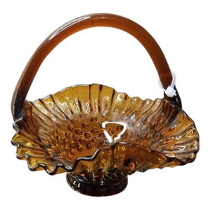 Vintage Fenton Amber Hobnail Wedding Basket Vase