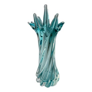 Vintage Aquamarine Bohemian Art Glass Sculptural Vase from Egermann, 1980s For Sale