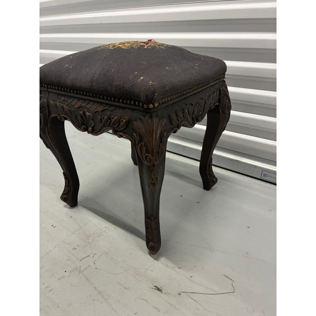 French Provincial Late 19th Early / 20th Century Mahogany Stool With Ornately Carved Cabriole Legs, and Apron Consistent With Victorian or French Provincial Styling. For Sale - Image 3 of 7