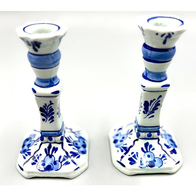 Vintage Dutch Delft Hand Painted Faience Candlesticks - A Pair For Sale In Houston - Image 6 of 10